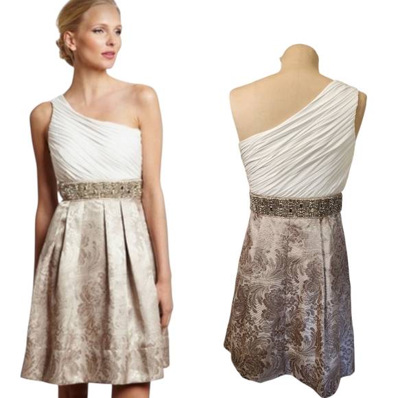 ELIZA J. Gold & Ivory One-shoulder Beaded Cocktail Dress - Size 8 - Picture 1 of 17